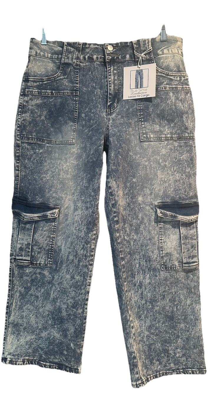 Blue Turtle Women's Acid Wash Cargo Wide Leg High Rise Denim Jeans Cargo Size 22